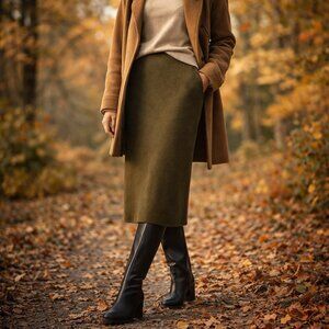 EILEEN FISHER | M | Olive Green 100% Merino Wool Straight Pencil Midi Skirt